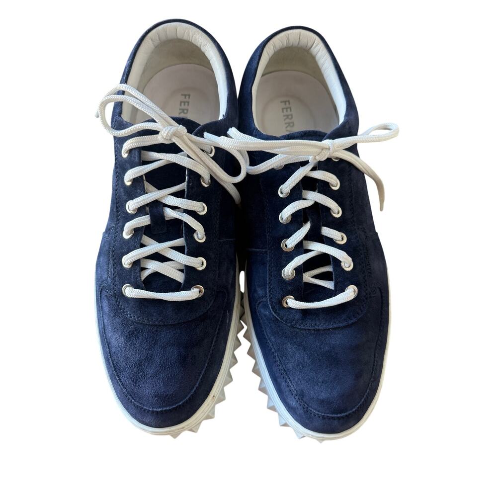 Ferragamo Mens 11.5 M Navy Blue Suede Serrated Sole Luxury Sneakers Italy